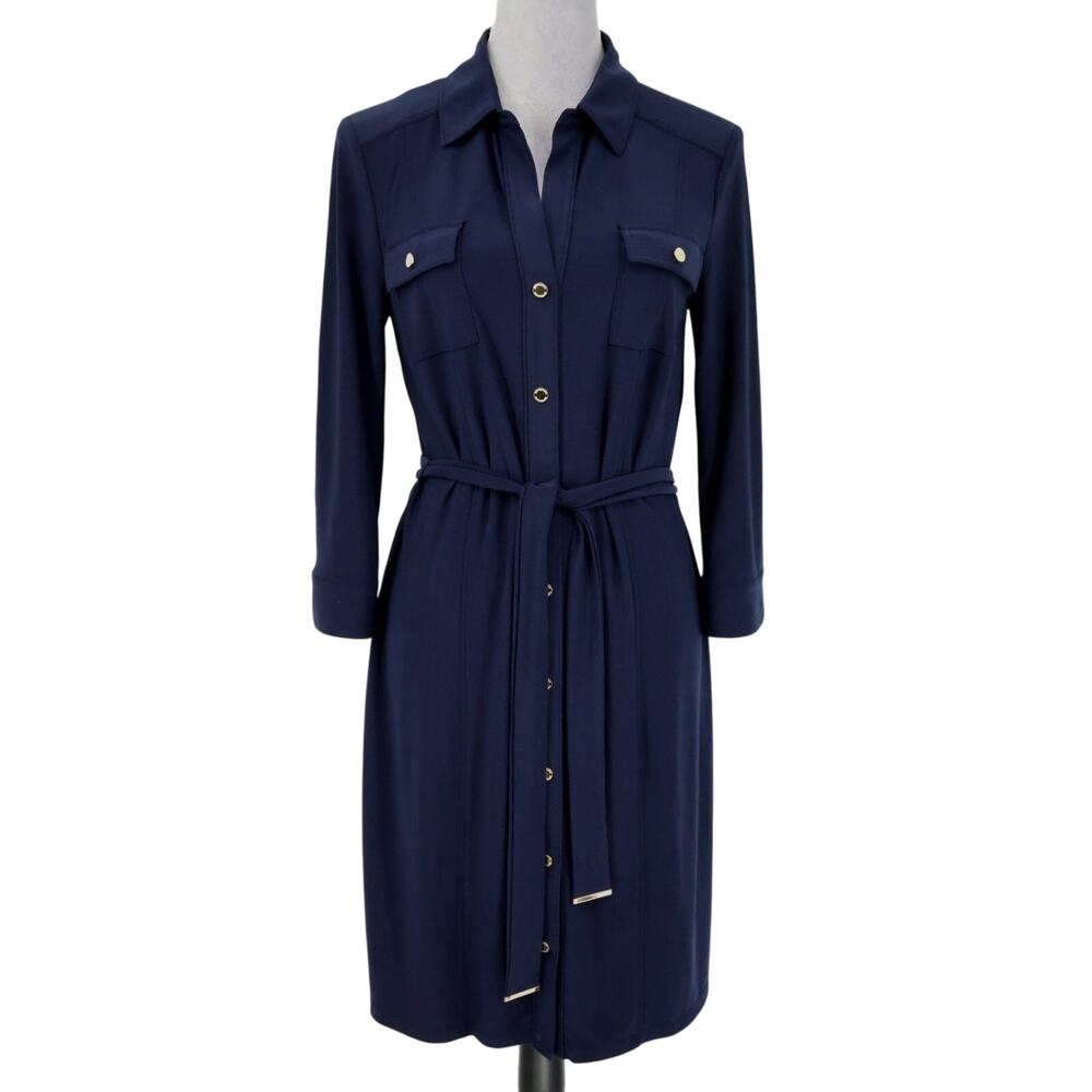 WHBM Dress Womens 6 Navy Blue Stretch Knit Belted Shirtdress Career Preppy